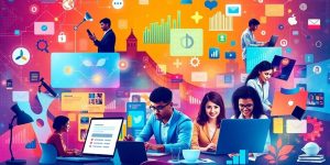 Diverse individuals collaborating on digital marketing strategies.