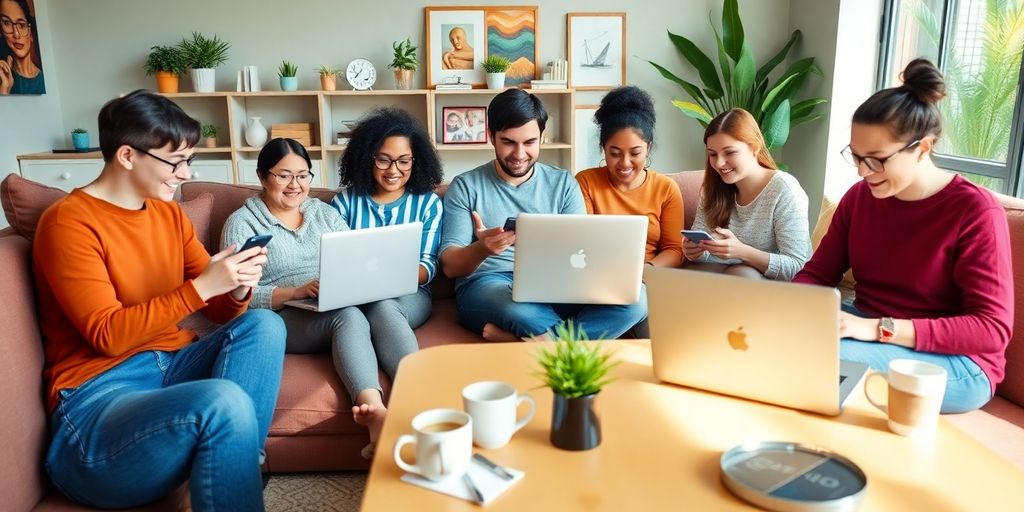 Diverse remote workers in a cozy virtual workspace.