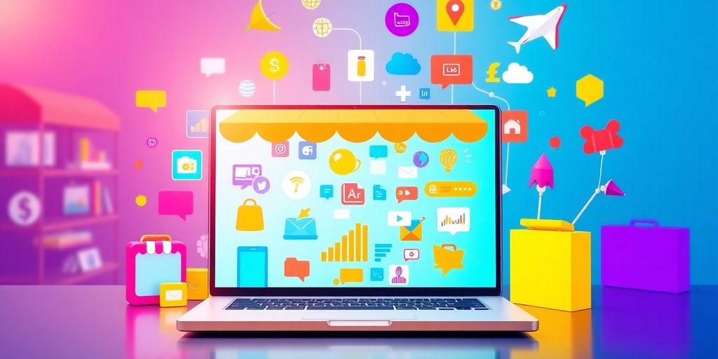 Colorful icons and a laptop in a digital marketplace.