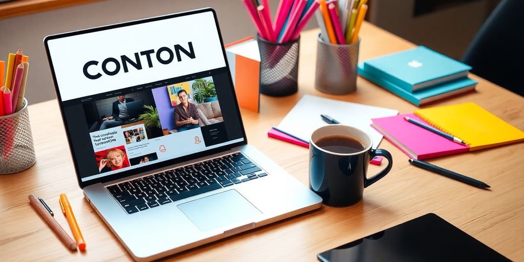 Colorful workspace with laptop, stationery, and coffee cup.