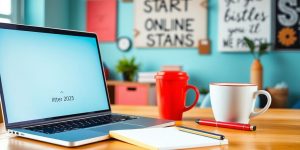 A workspace with a laptop, notepad, and coffee cup.