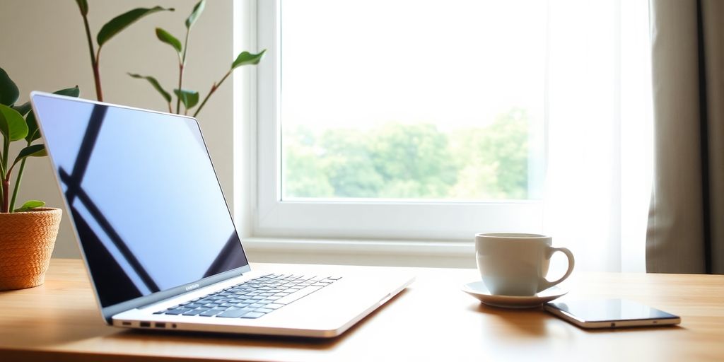 Cozy workspace with laptop and nature view.