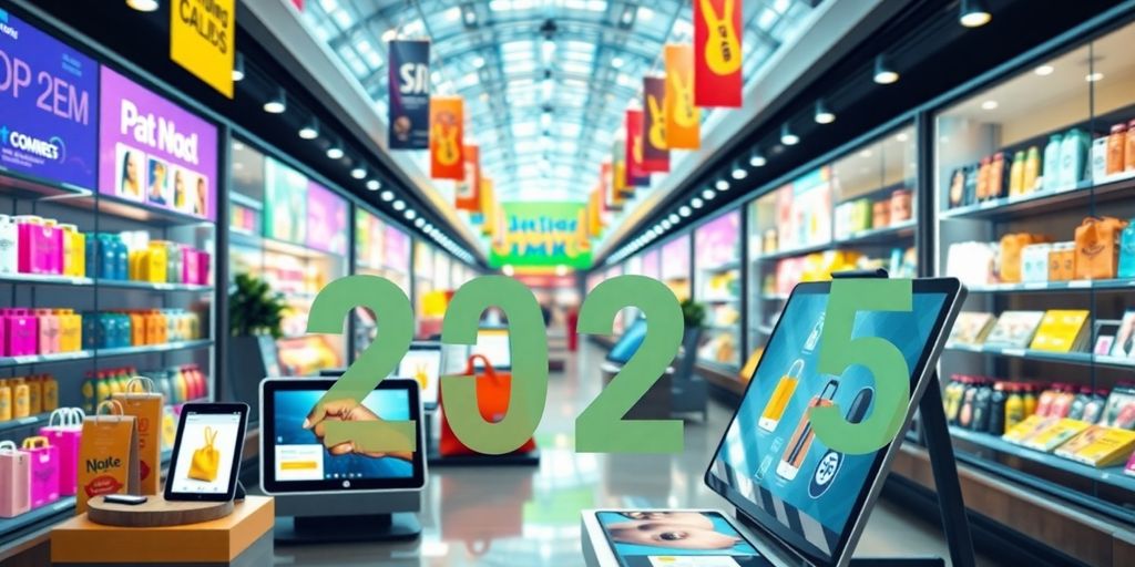 Colorful digital marketplace with various products displayed.