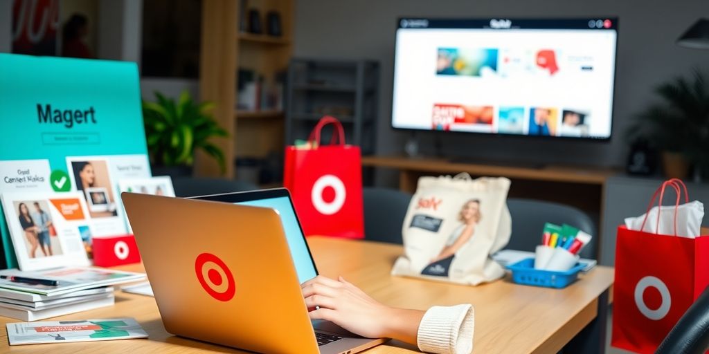 Person with laptop and Target products in modern workspace.