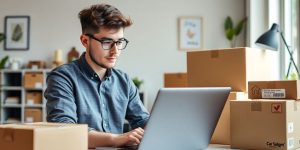 Young entrepreneur planning dropshipping strategy in bright workspace.