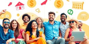 People relaxing with symbols of financial freedom around them.