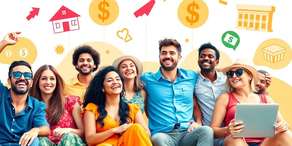 People relaxing with symbols of financial freedom around them.