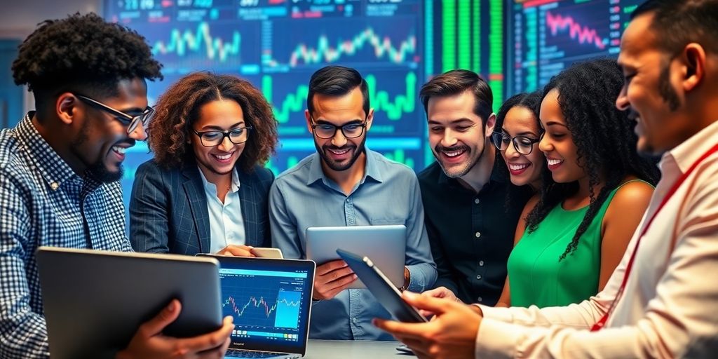 Group of new investors discussing stock trading strategies.