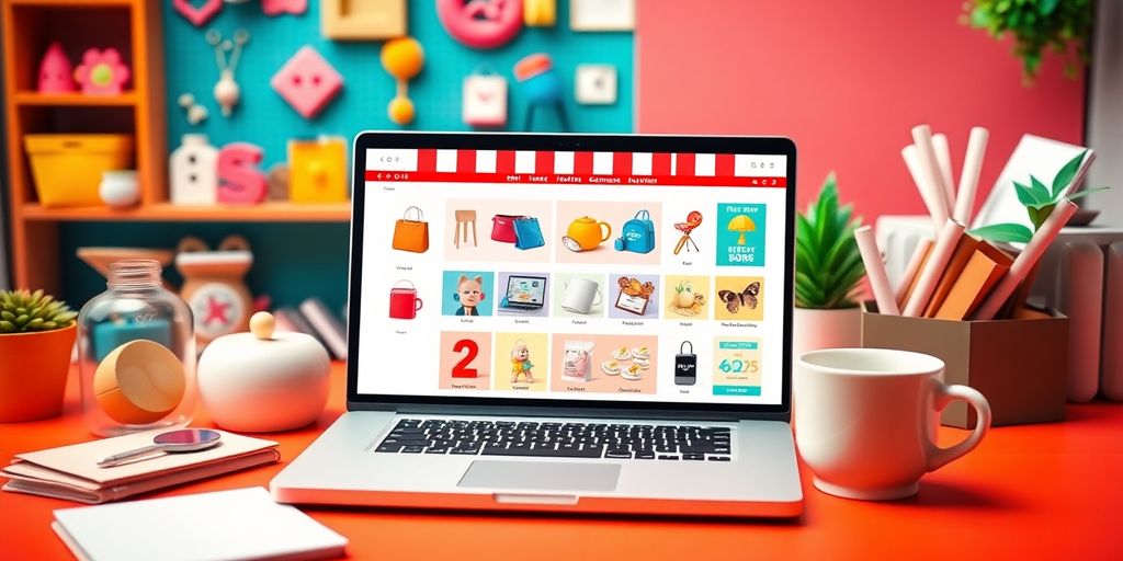 Colorful products and a laptop in a cozy workspace.