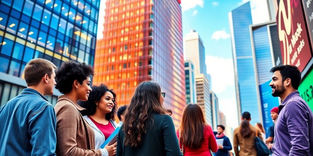 Group discussing stock market fundamentals in a city setting.