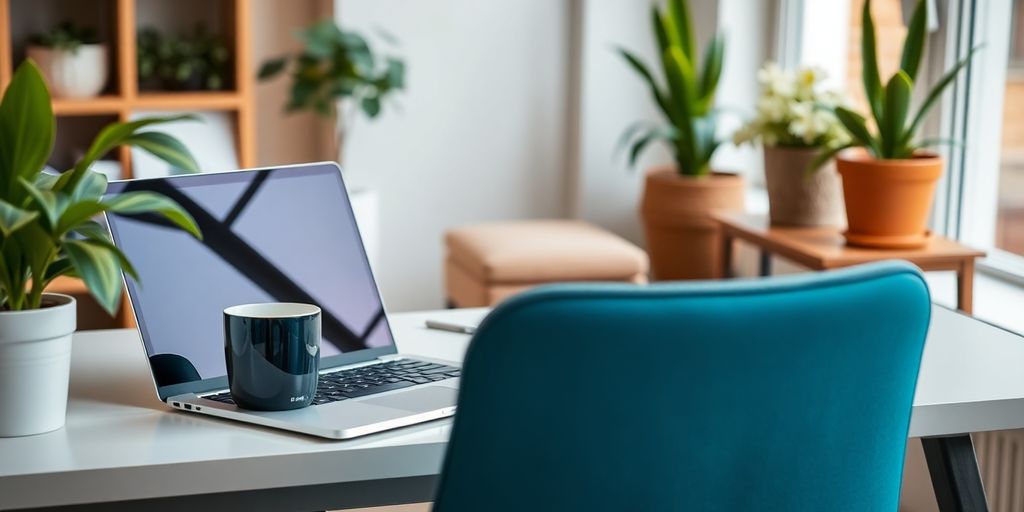 Home office with laptop, coffee, and plants.