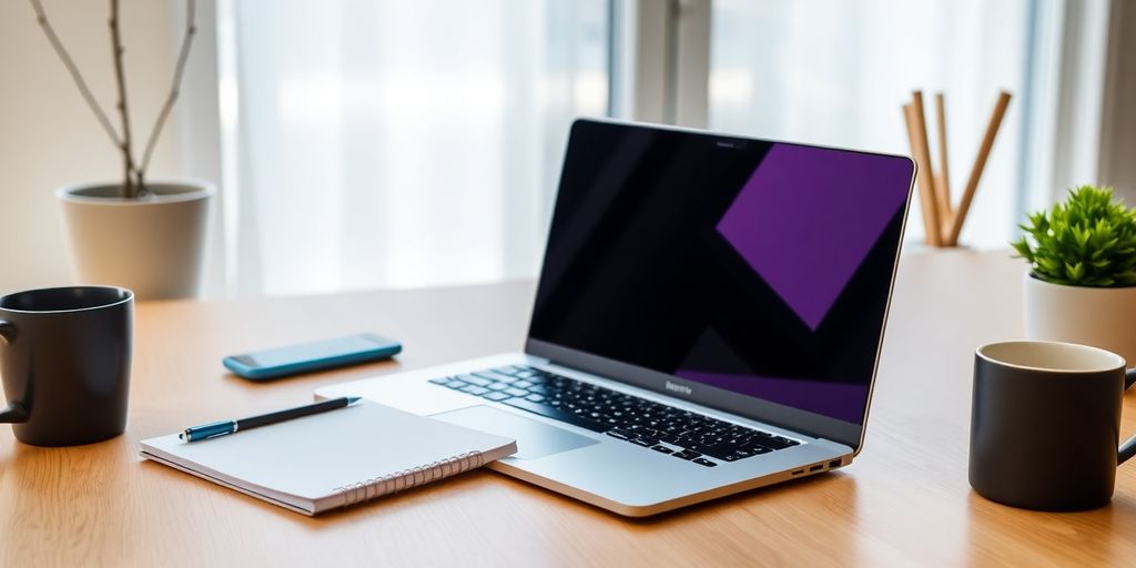 Modern workspace with laptop and notepad for startups.