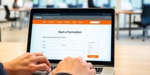 Laptop with business formation website in office setting.