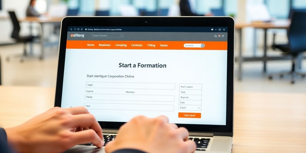 Laptop with business formation website in office setting.