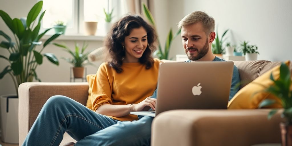 Person working from home on a laptop in a cozy setting.