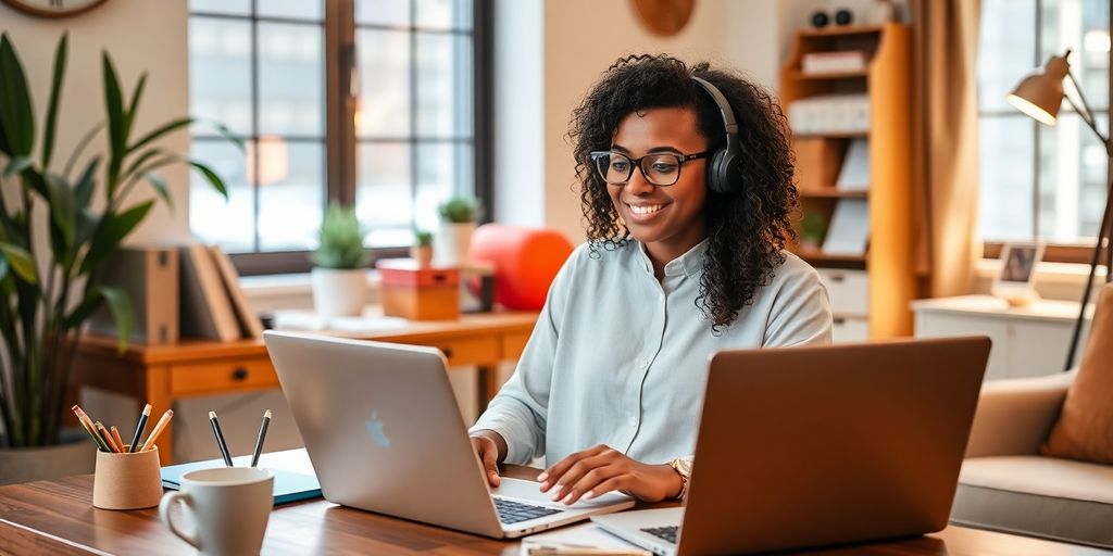 Virtual assistant working in a cozy office environment.