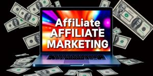 Laptop, money, and product images for affiliate marketing.