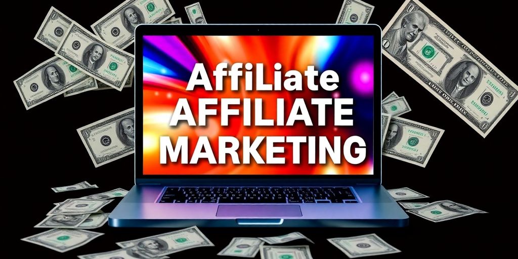 Laptop, money, and product images for affiliate marketing.