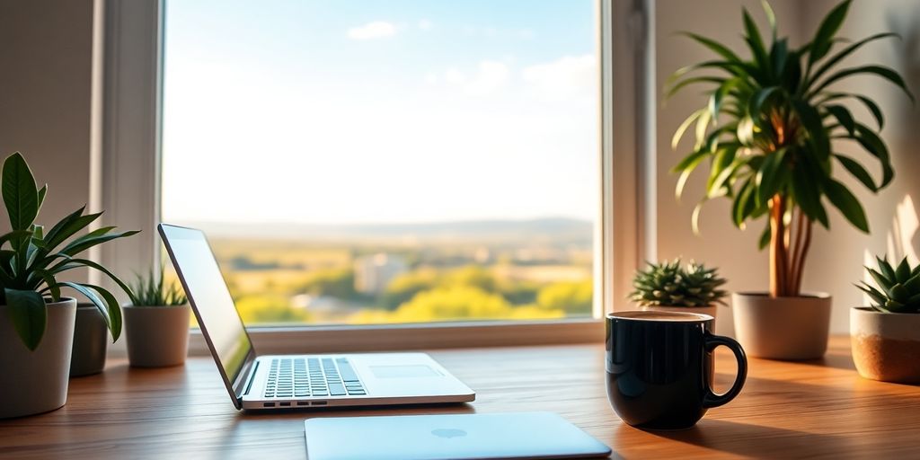 Cozy home office with laptop, coffee, and plants.