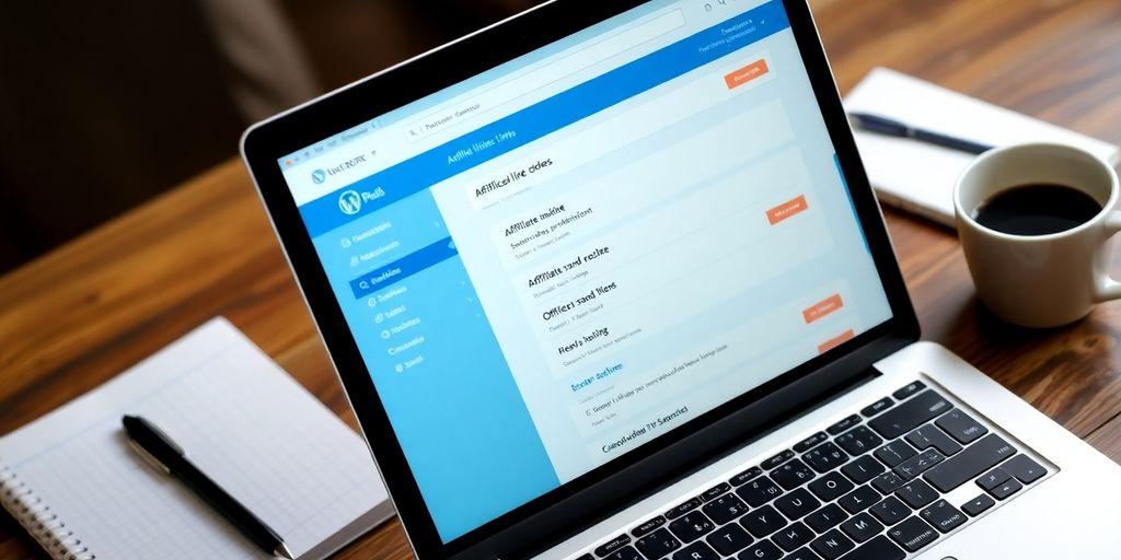 Laptop displaying WordPress affiliate links on desk.