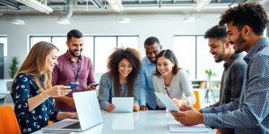 Group of entrepreneurs collaborating in a modern workspace.