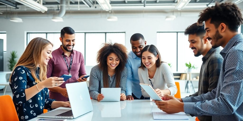 Group of entrepreneurs collaborating in a modern workspace.