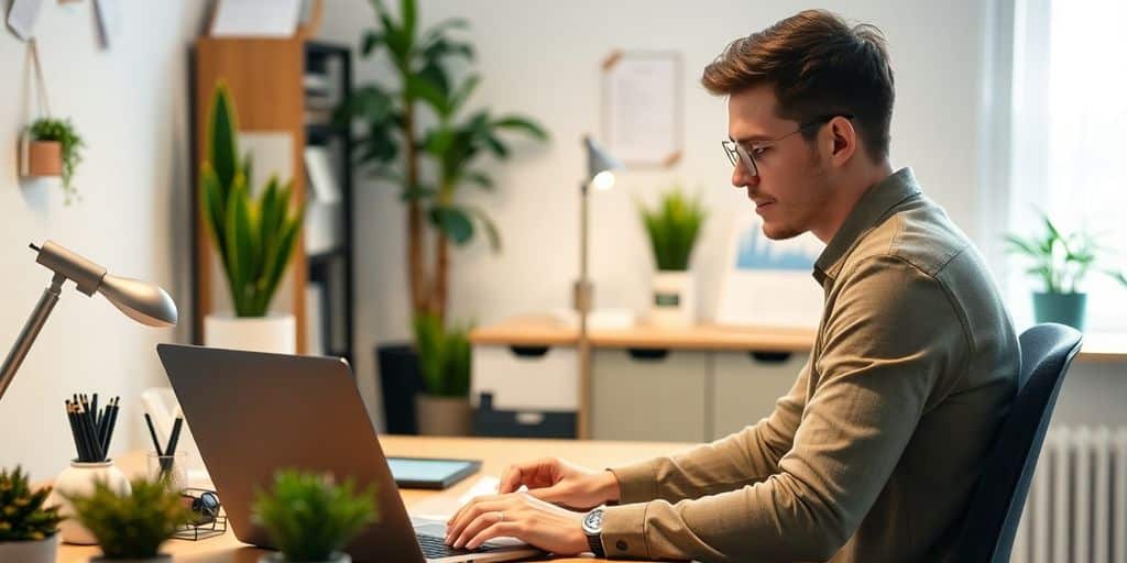 Person working with a virtual assistant at a tidy desk.