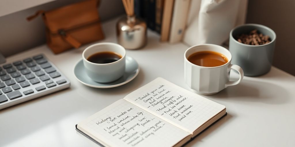 Cozy home office with notebook, coffee, and natural light.
