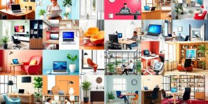 Collage of diverse remote workspaces with laptops and coffee.