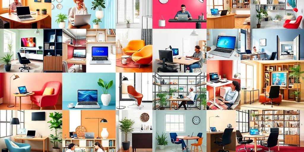 Collage of diverse remote workspaces with laptops and coffee.