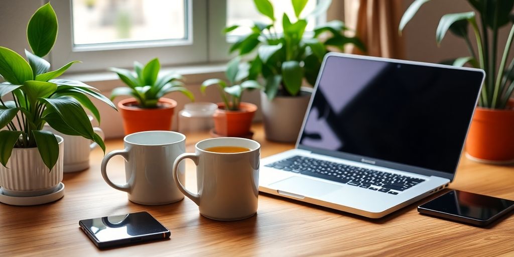 Home office with laptop, coffee, and houseplants.