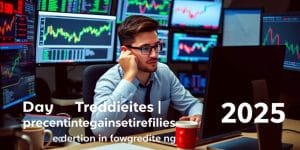 Trader at desk with screens and trading tools, focused.