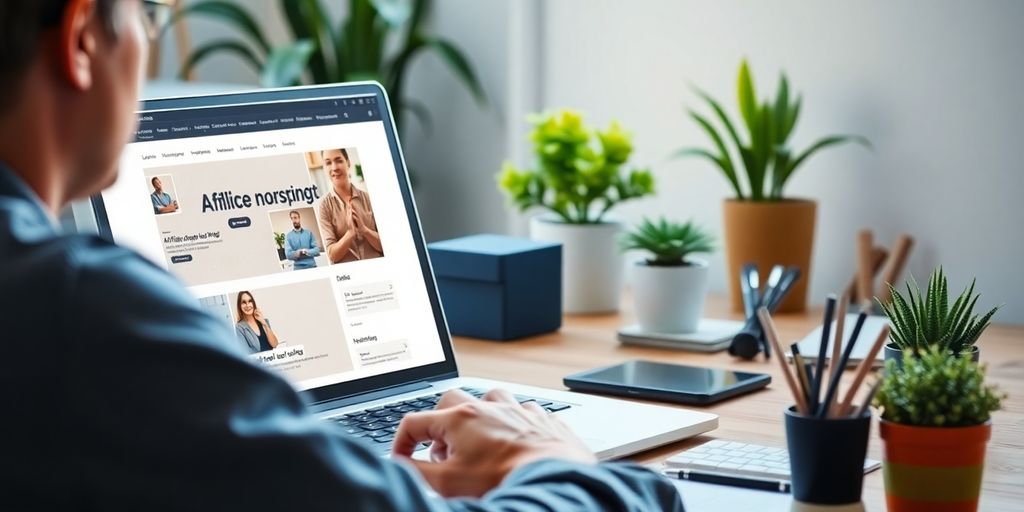 Person creating a website on a laptop in a workspace.