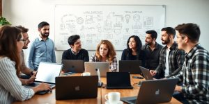 Entrepreneurs collaborating on digital startup ideas in a workspace.