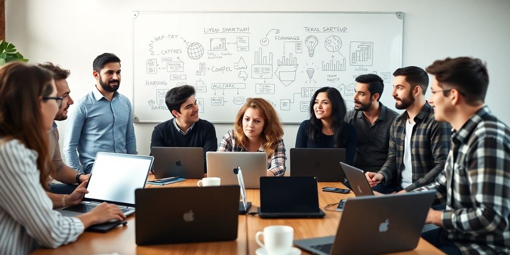 Entrepreneurs collaborating on digital startup ideas in a workspace.