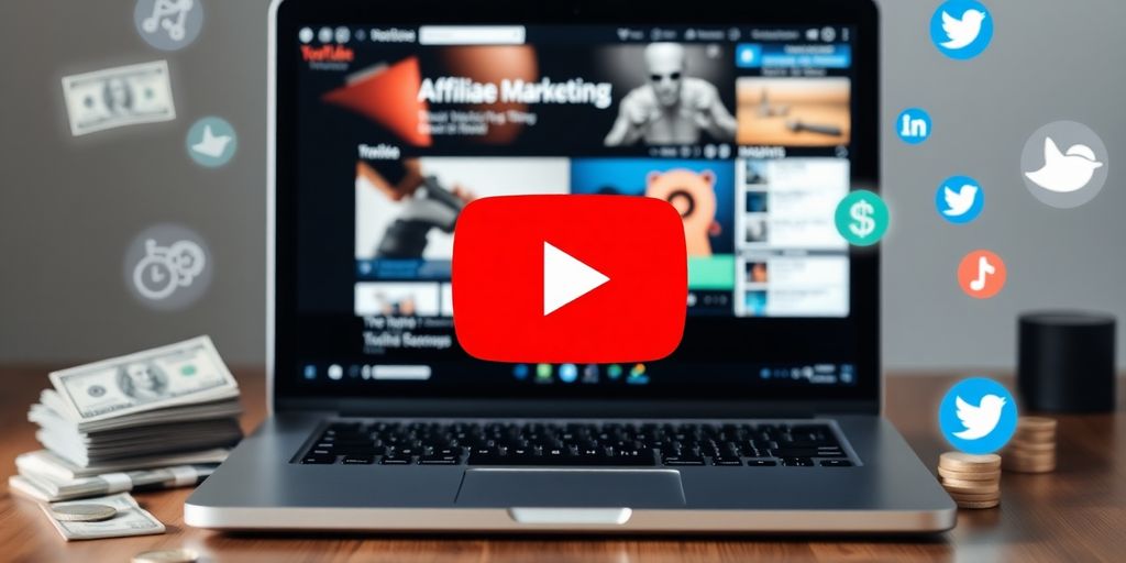 YouTube play button with money and social media icons.