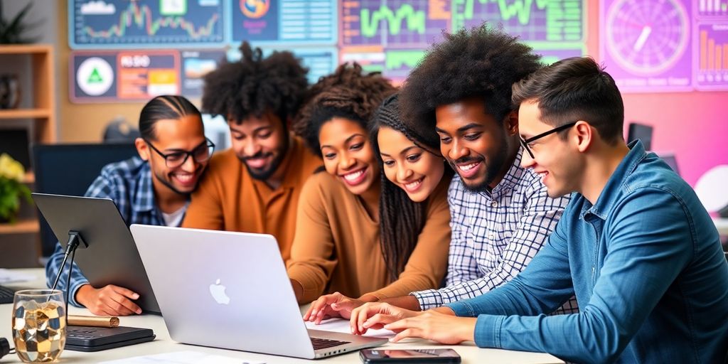 Diverse individuals collaborating on affiliate marketing strategies.