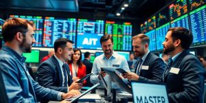 Diverse traders collaborating in a lively stock market setting.