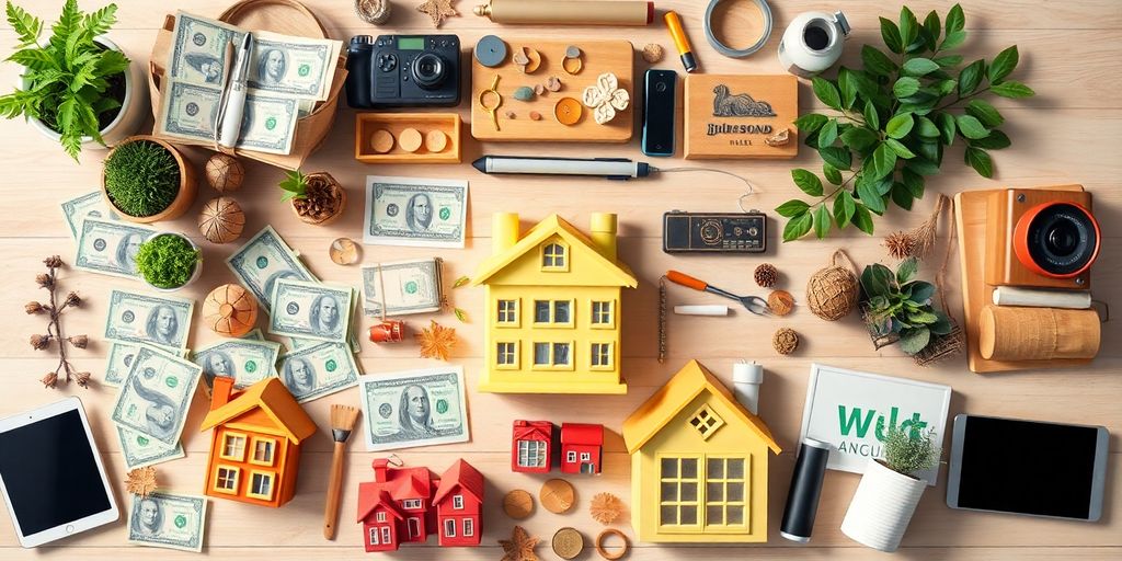 Flat lay of money, properties, and digital assets.