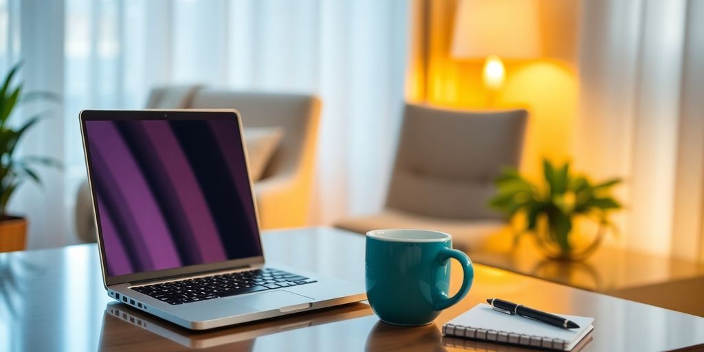 Cozy home office with laptop and coffee mug.