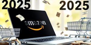 Laptop with Amazon logo and money, symbolizing affiliate earnings.