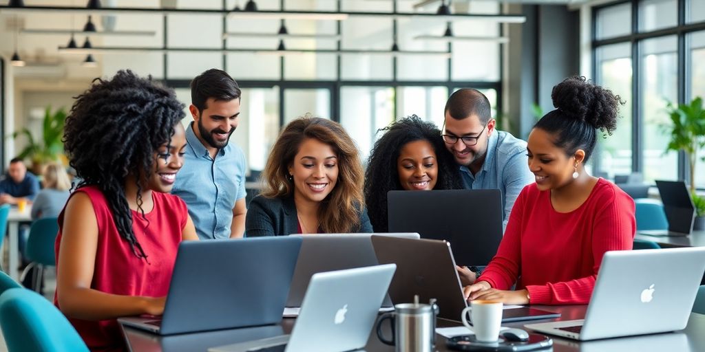 Group of people working together on laptops in an office.