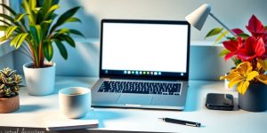 A cozy workspace with a laptop and coffee.