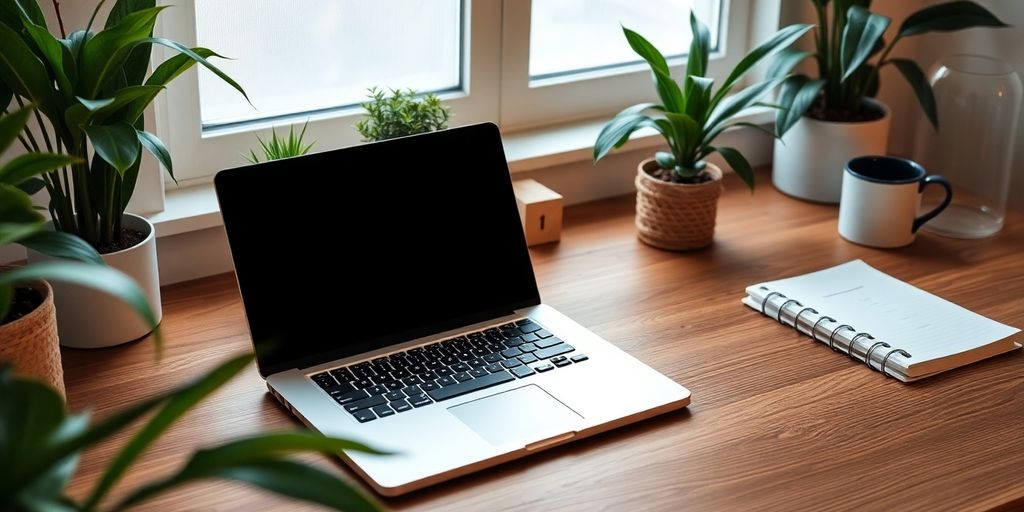 Cozy workspace with laptop, coffee, and plants.