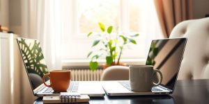 Cozy home office with laptop, coffee, and notepad.