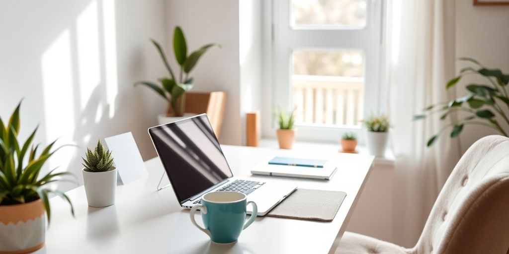 Home office setup with laptop, coffee, and plants.