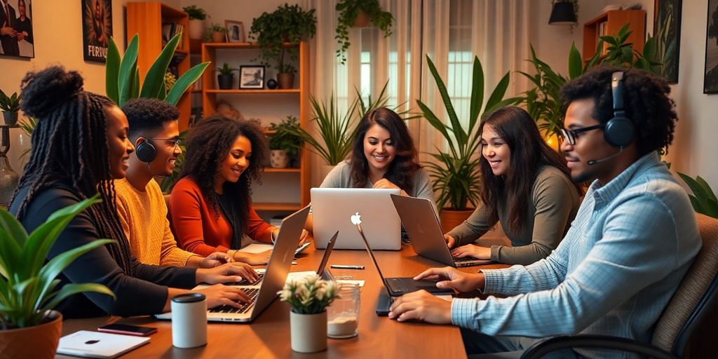 Diverse individuals working remotely in a cozy home office.