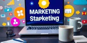 Laptop with marketing icons and workspace items.