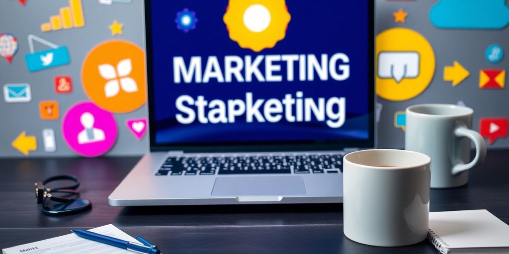 Laptop with marketing icons and workspace items.