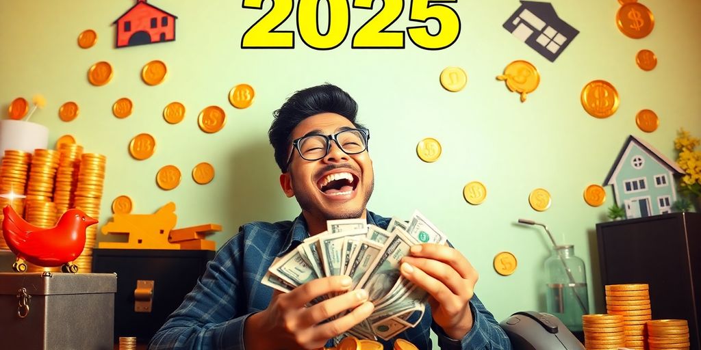 Person counting cash with symbols of wealth around.